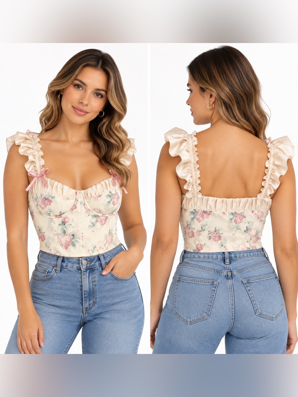 Floral Ruffle Strap Crop Top - Cream and Pink